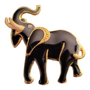 Black Enamel Elephant Brooch Pin Gold Tone Trunk Up with Rhinestone Eye